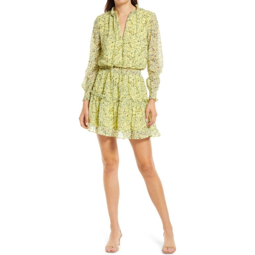 NSR Emma Floral Print Ruffle Blouson Long Sleeve Dress Yellow Small